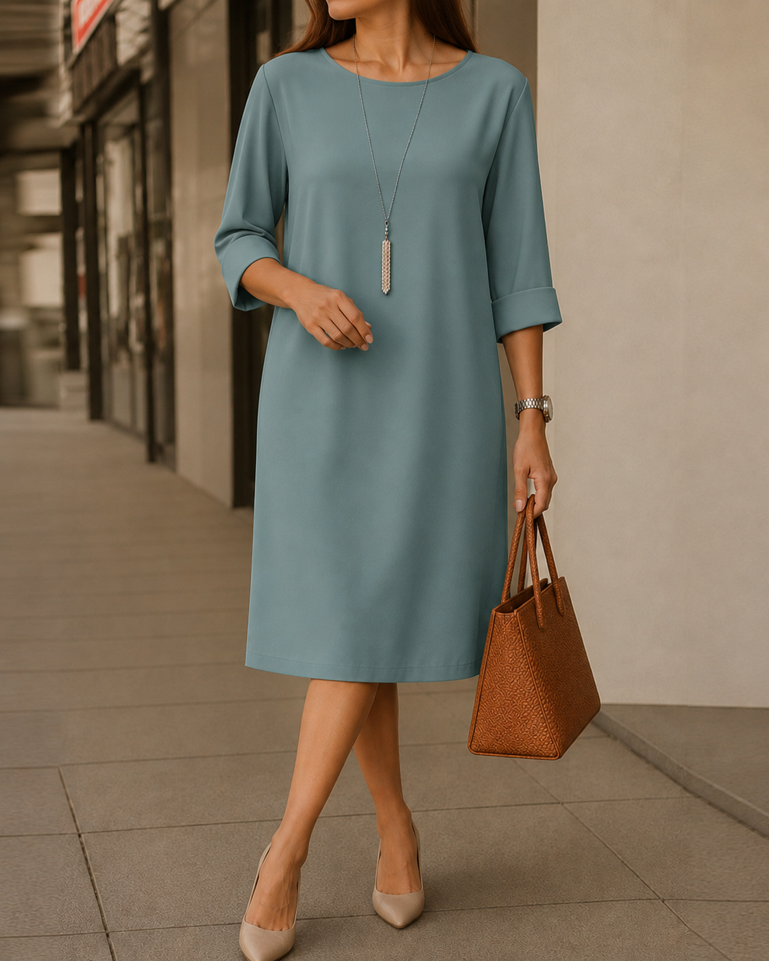 Elegante Midi Jurk met Soepelvallende Pasvorm - Comfortabel en Stijlvol