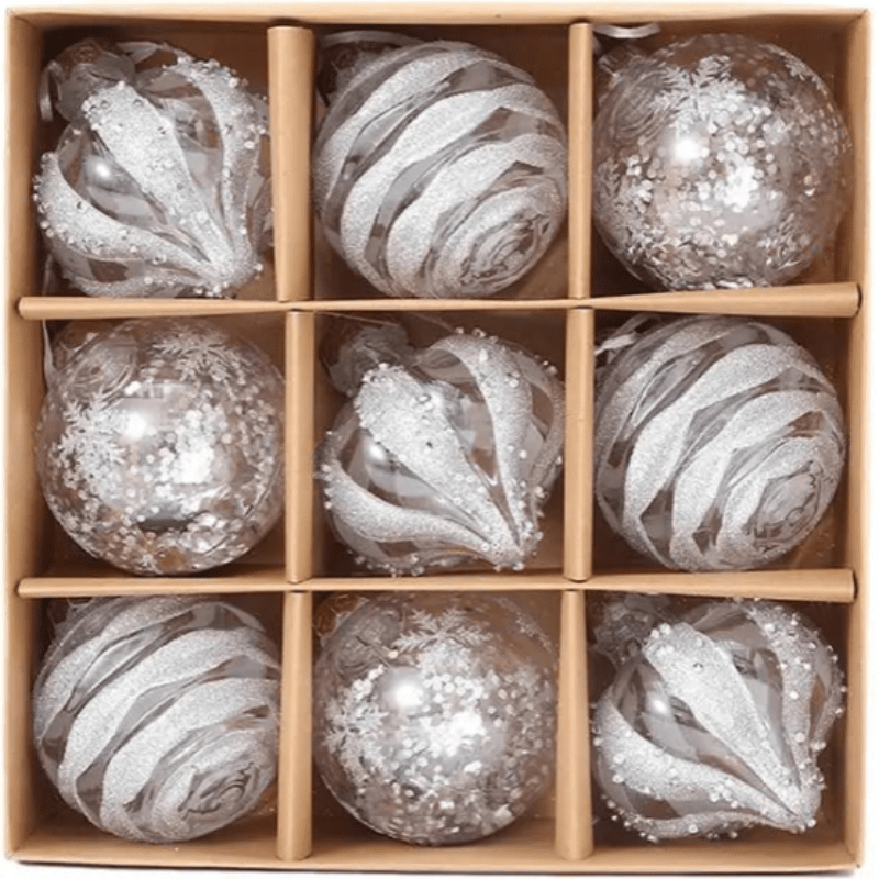 GlansFeest Kerst Hangdecoraties – Set van 9 Kunststof Ornamenten met Sneeuwvlok en Balontwerp