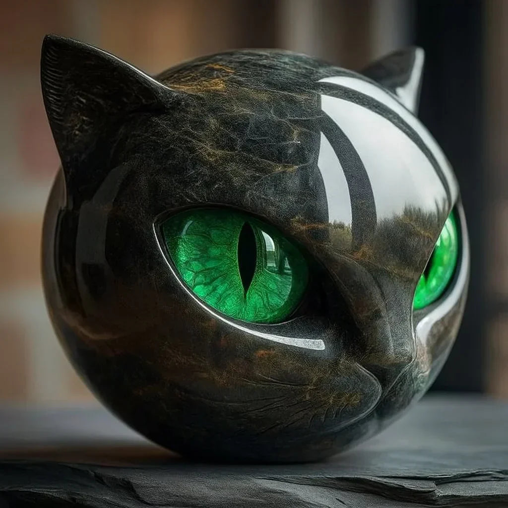 NoirCat Sculptuur – Zwart Kattenhoofd met Hypnotiserende Ogen