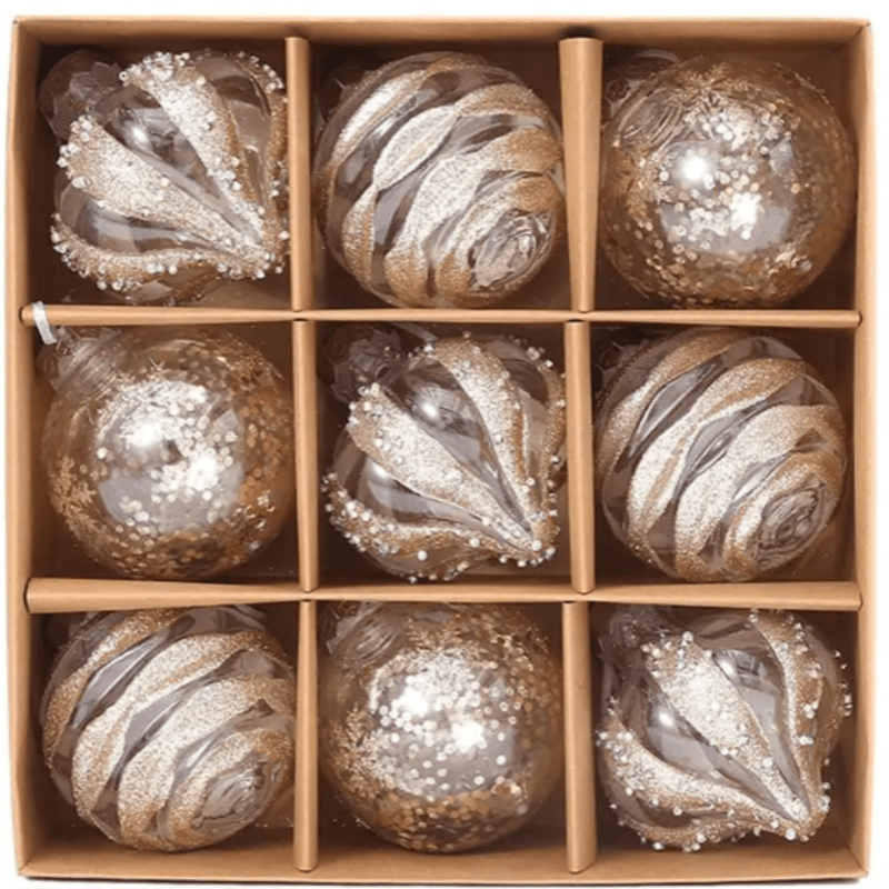 GlansFeest Kerst Hangdecoraties – Set van 9 Kunststof Ornamenten met Sneeuwvlok en Balontwerp