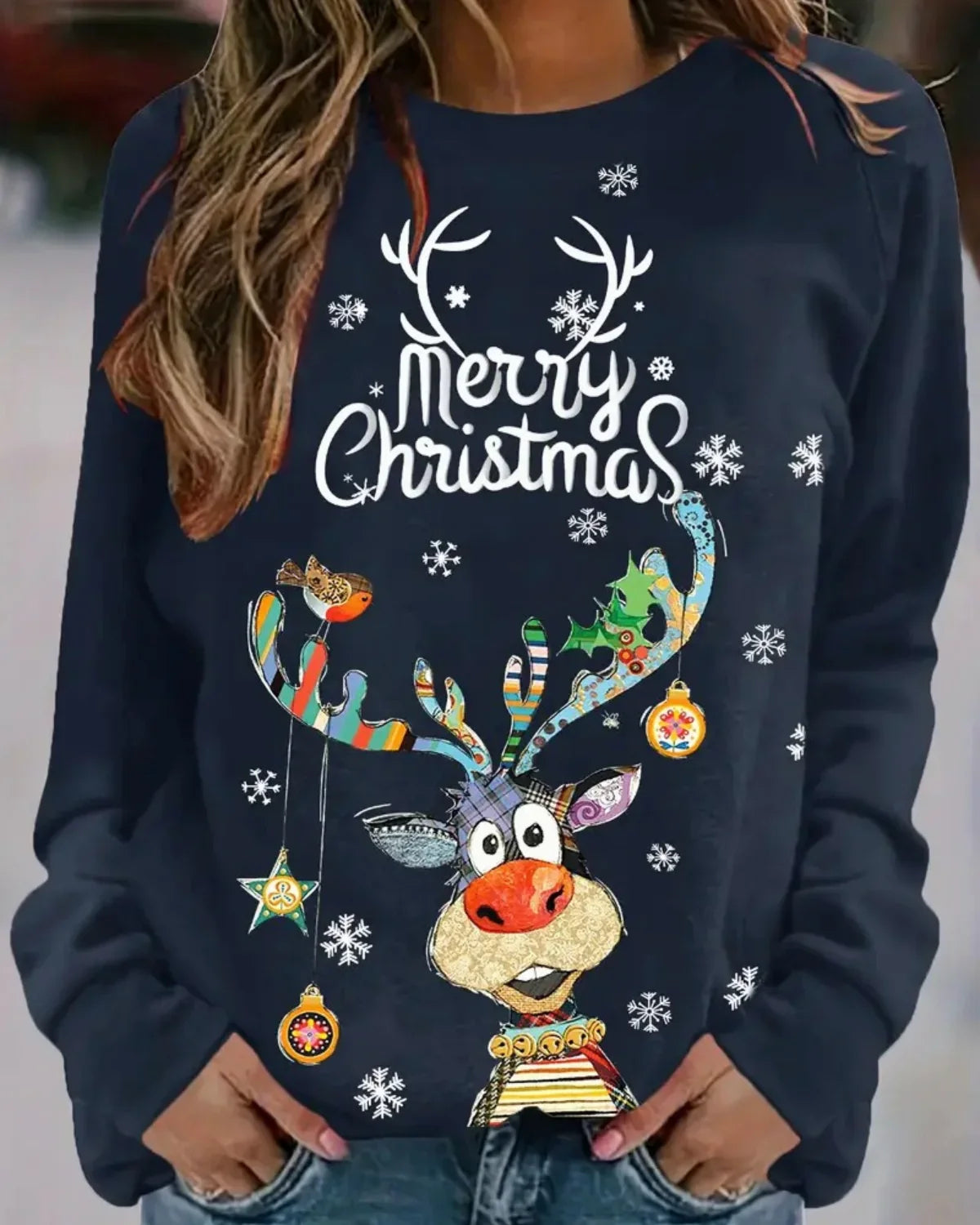 Feestelijke Dames Kersttrui met Rendierprint – Comfortabele Ronde Hals
