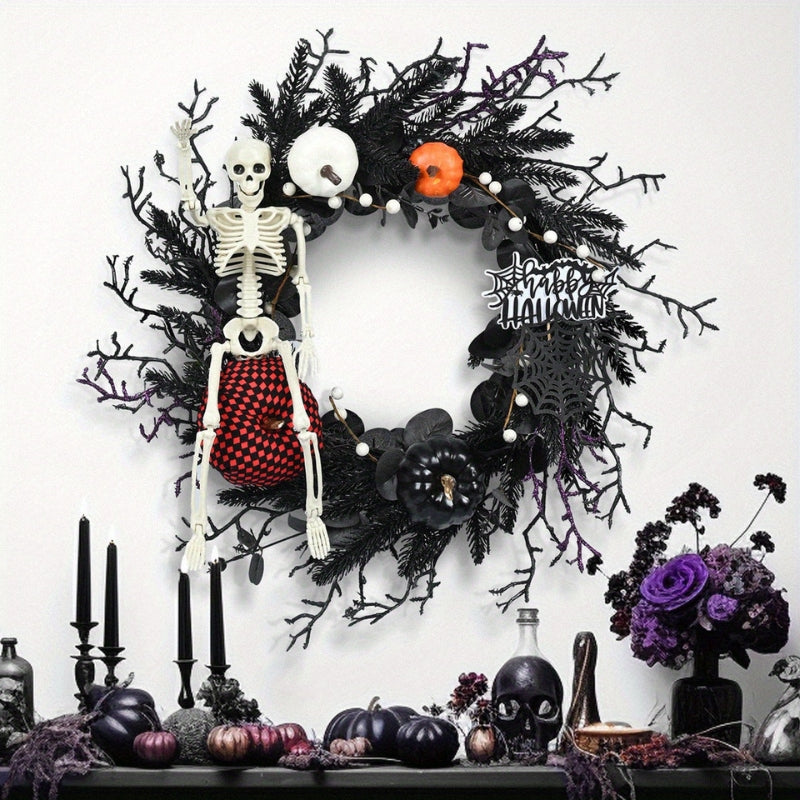 Halloween Deurkrans met Skelet en Pompoen – Sfeervolle Seizoensdecoratie