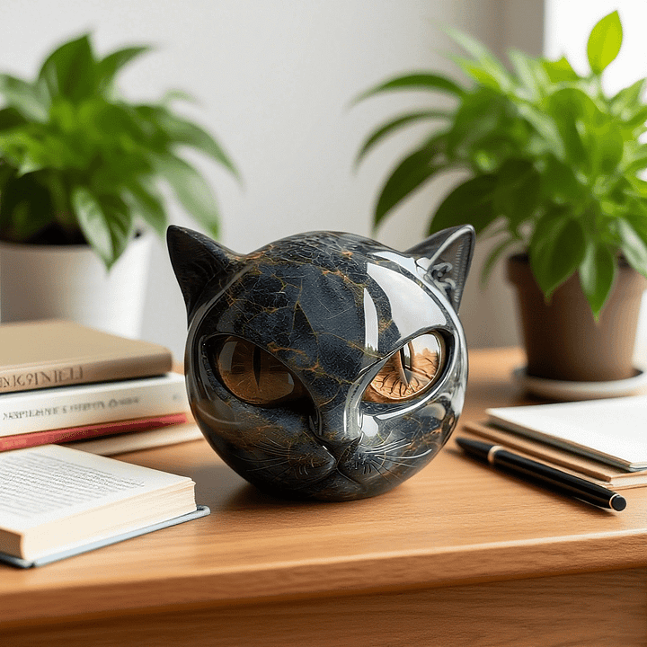 NoirCat Sculptuur – Zwart Kattenhoofd met Hypnotiserende Ogen
