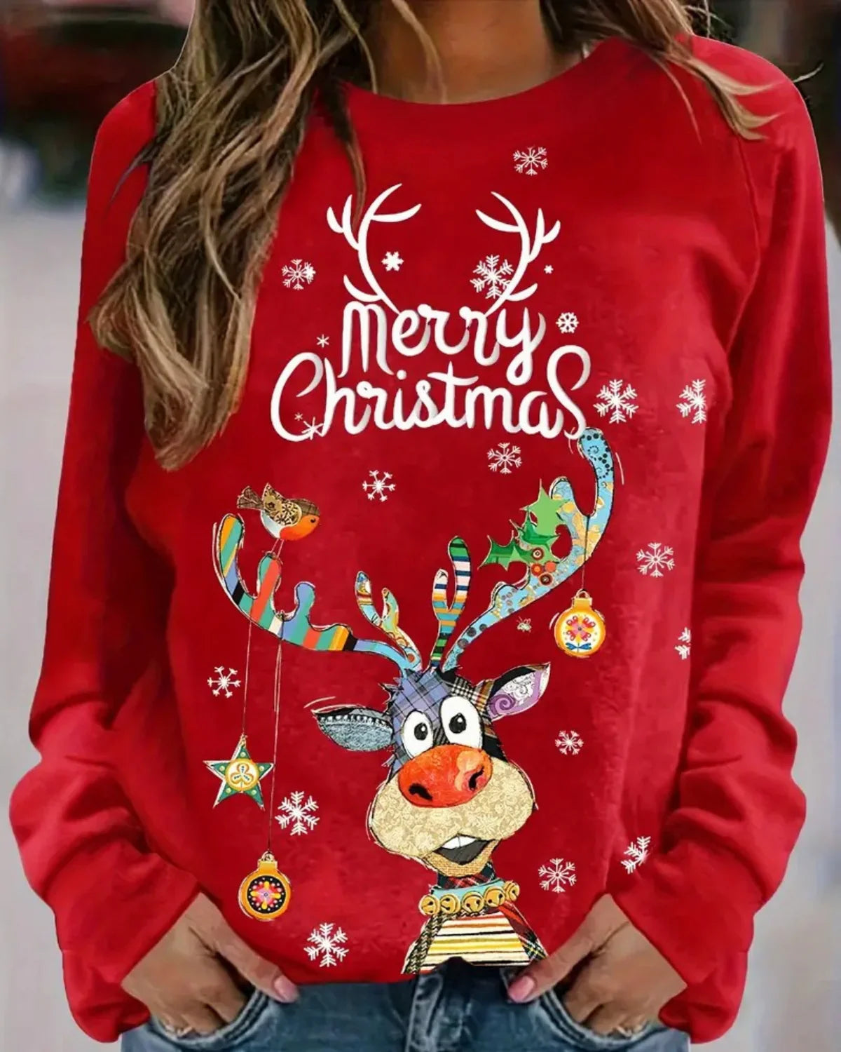 Feestelijke Dames Kersttrui met Rendierprint – Comfortabele Ronde Hals