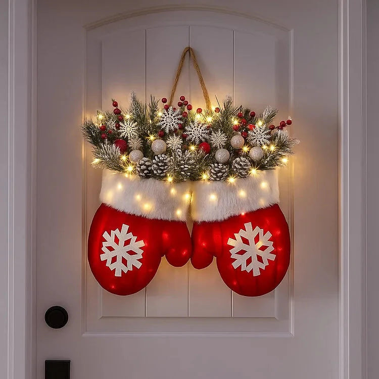 Voorverlichte Kerstkrans in Wanten-vorm – 120 LED’s met Timerfunctie
