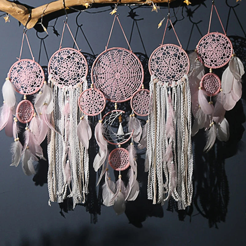 Macramé Dromenvanger met Maan en Veren - Bohemian Wanddecoratie