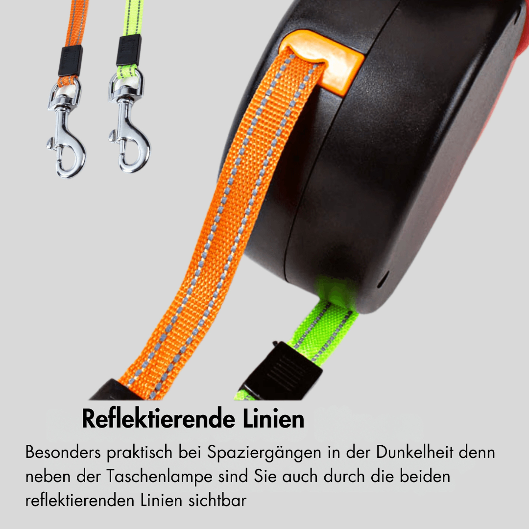 DuoLeash Dubbele Hondenriem – Oprolbaar & Knoopvrij Met Zaklamp