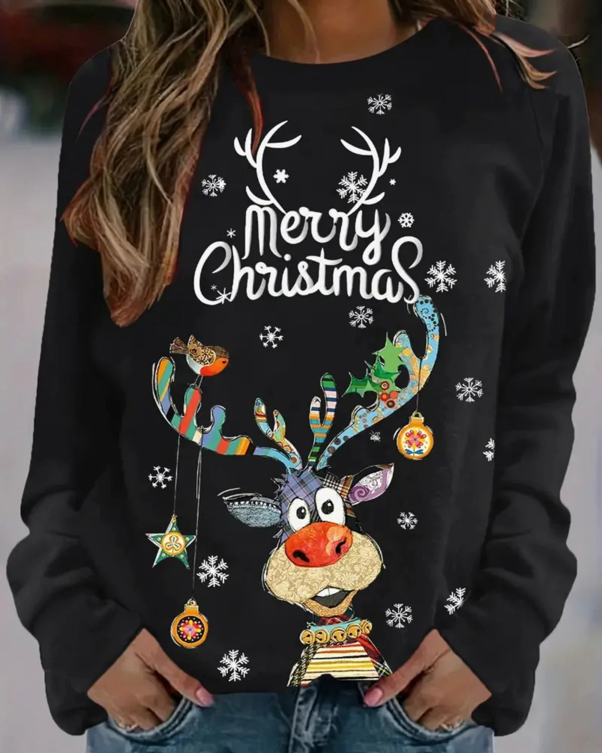 Feestelijke Dames Kersttrui met Rendierprint – Comfortabele Ronde Hals
