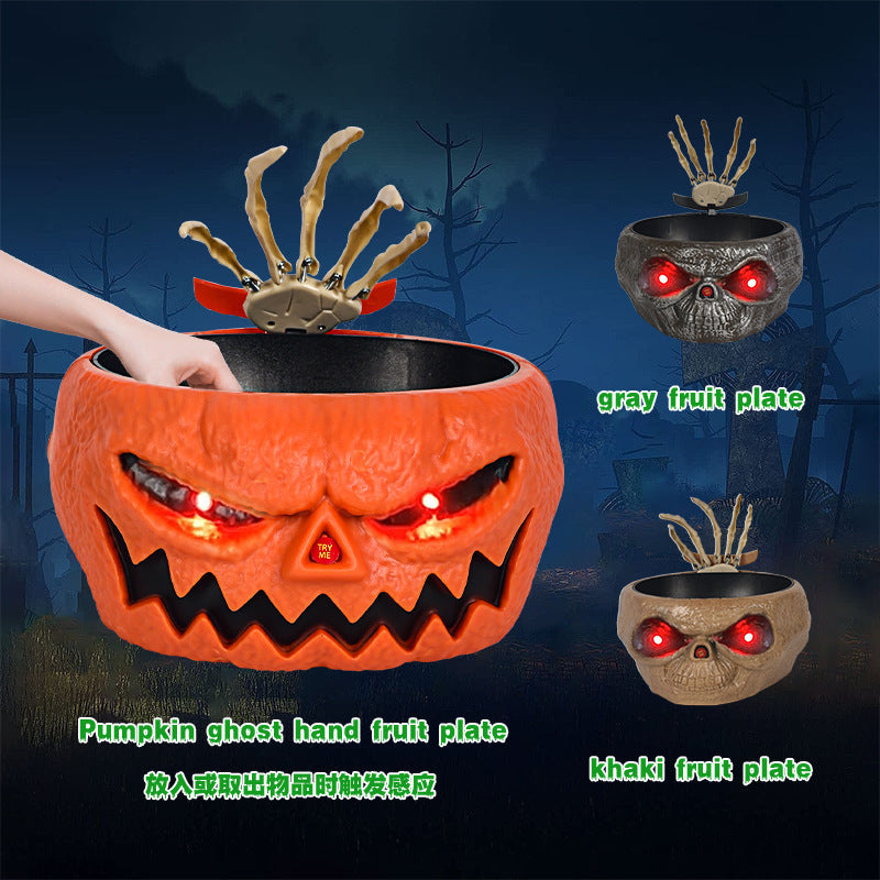 Halloween Snoepschaal – Motion Sensor Pompoen Kom met Skelettenhand en Rode Lichteffecten