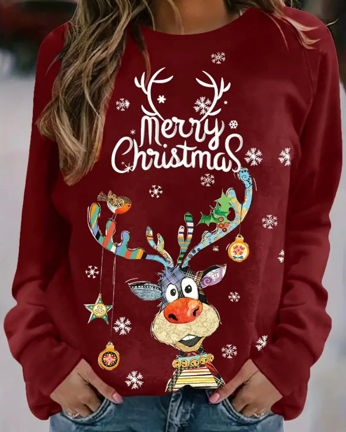 Feestelijke Dames Kersttrui met Rendierprint – Comfortabele Ronde Hals