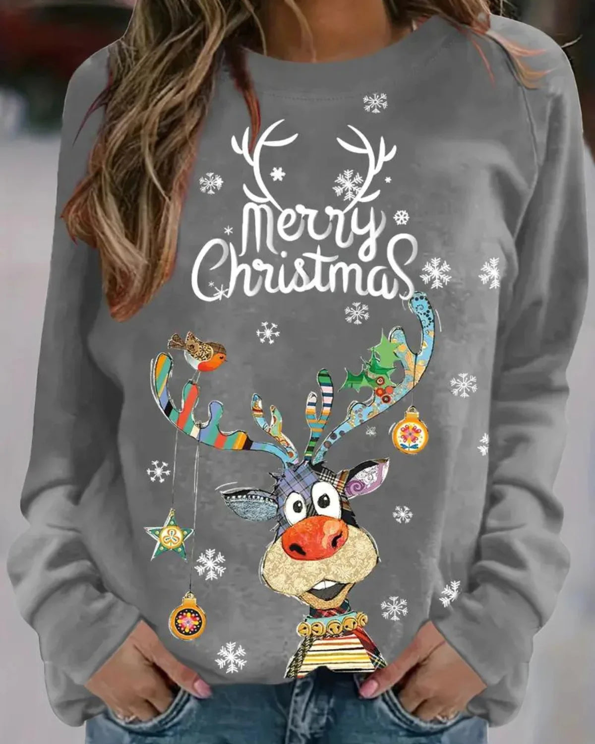 Feestelijke Dames Kersttrui met Rendierprint – Comfortabele Ronde Hals