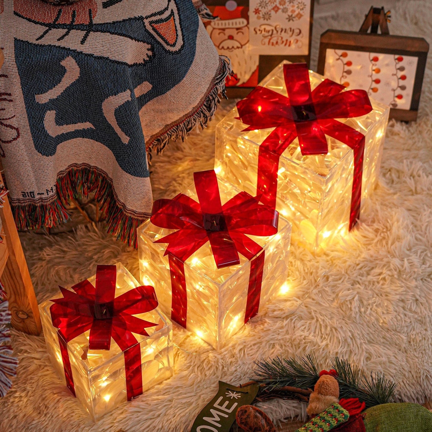 GlowBox LED Geschenkdozen – Set van 3 Verlichte Kerstcadeaus voor Binnen en Buiten