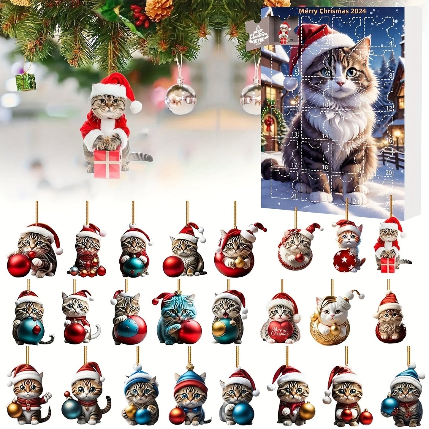 Adventskalender Kattenhangers 2025 – Vintage 24-Dagen Kerst Countdown met Acryl Ornamenten