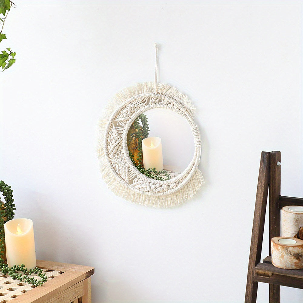 Boho Chic Muurspiegel – Ronde Spiegel met Macramé Franjes voor Stijlvolle Woonruimte