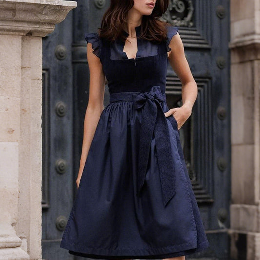Dirndl Jurk Alpencharme – Marineblauwe Damesjurk met Schort voor Oktoberfest