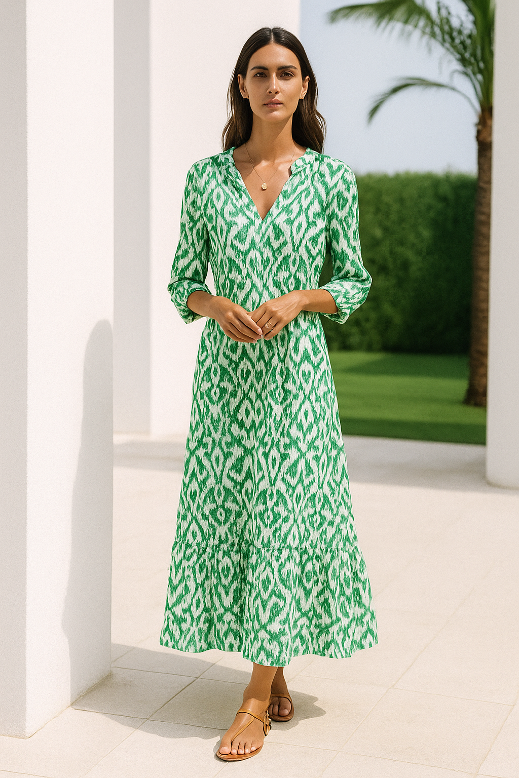 BreezeLuxe Flowy Zomerjurk met V-Hals en Opgerolde Mouwen