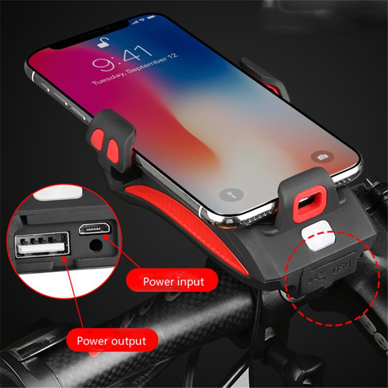 4-in-1 Fietsgadget – Telefoonhouder, Powerbank, LED Verlichting en Claxon