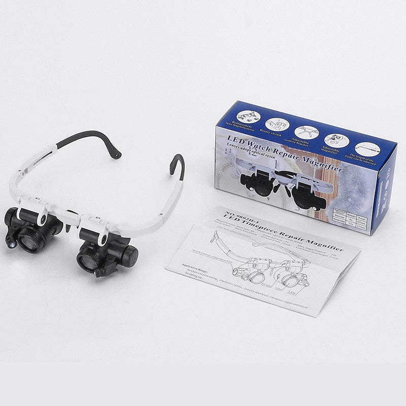 HD-Loupe met LED – voor gedetailleerd werk – met verwisselbare objectieftubes – verstelbare hoofdband – vergroting 8x, 15x, 23x – wandklok
