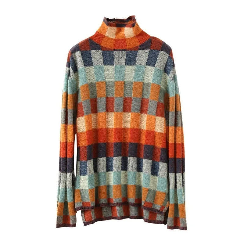 CashLoom Kasjmier Trui – Patchwork Damestrui met Rolkraag en Duurzaam Design