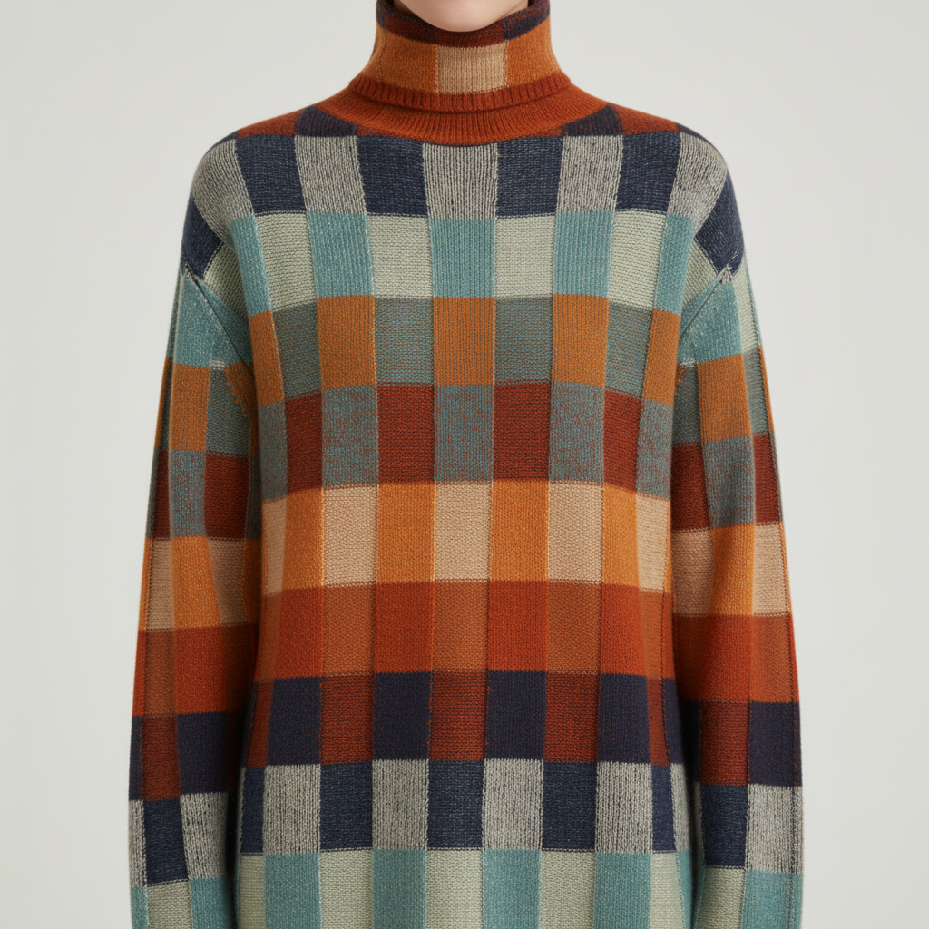 CashLoom Kasjmier Trui – Patchwork Damestrui met Rolkraag en Duurzaam Design
