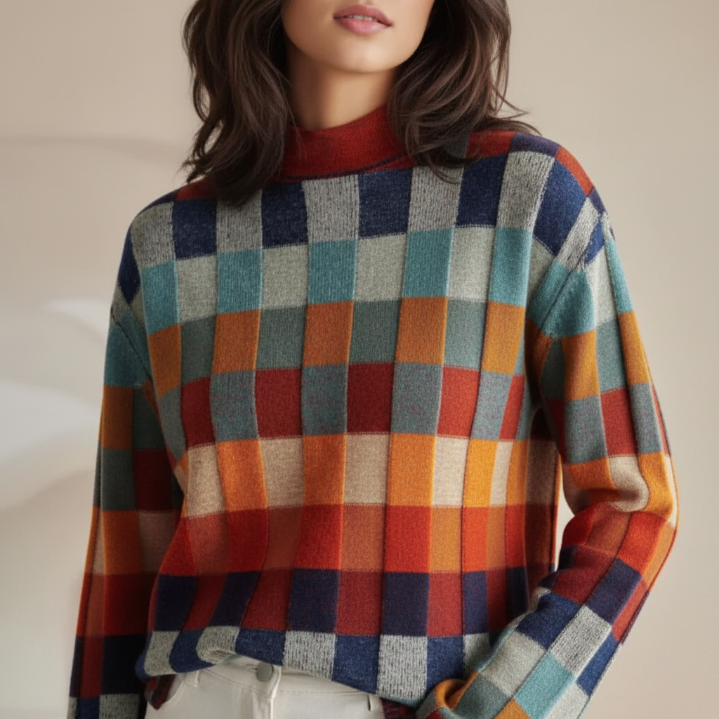 CashLoom Kasjmier Trui – Patchwork Damestrui met Rolkraag en Duurzaam Design