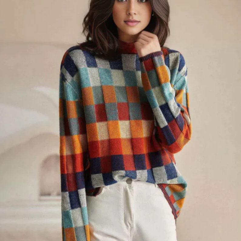 CashLoom Kasjmier Trui – Patchwork Damestrui met Rolkraag en Duurzaam Design