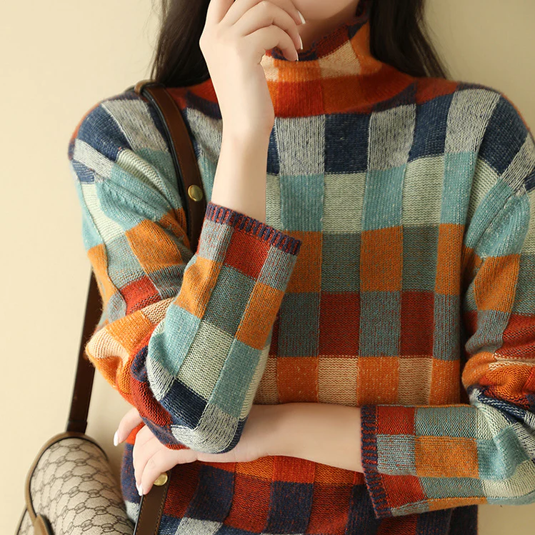 CashLoom Kasjmier Trui – Patchwork Damestrui met Rolkraag en Duurzaam Design