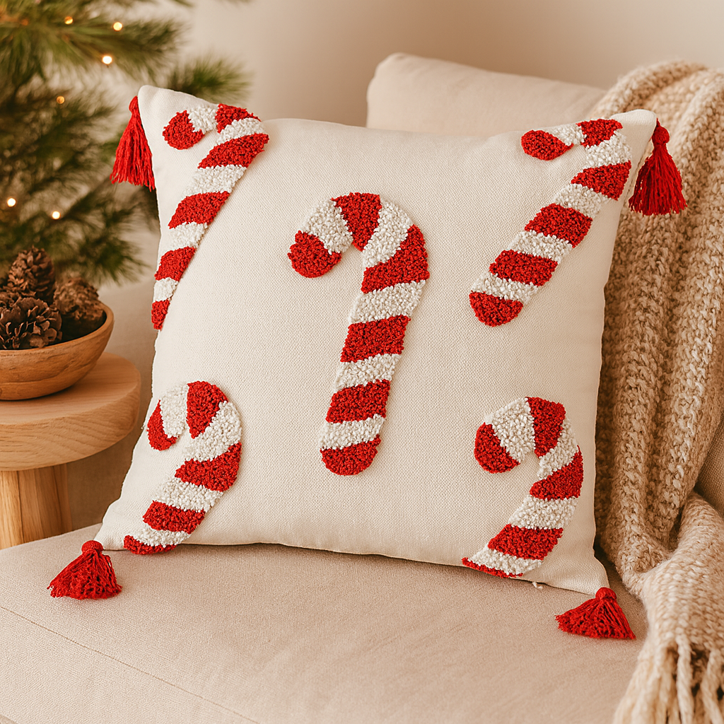 Jollora Kerst Kussenhoes – Snoepstokmotief voor Feestelijke en Gezellige Sfeer