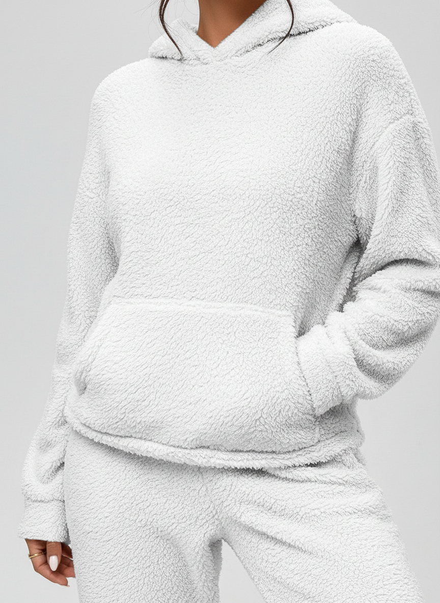 CozyTeddy Lounge Set – Warme Hoodie en Broek van Zachte Teddy-Stof met Kangoeroezak