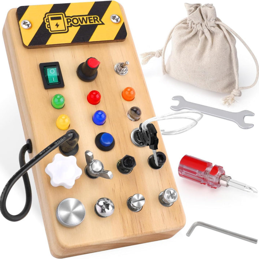Montessori Houten Activiteitenbord met 8 LED-schakelaars - Zintuiglijke Speelgoed en Reis Speelgoed voor Baby's en Peuters vanaf 1+ Jaar