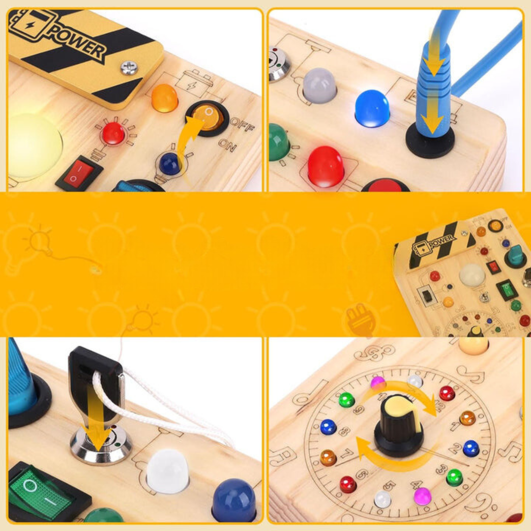 Montessori Houten Activiteitenbord met 8 LED-schakelaars - Zintuiglijke Speelgoed en Reis Speelgoed voor Baby's en Peuters vanaf 1+ Jaar
