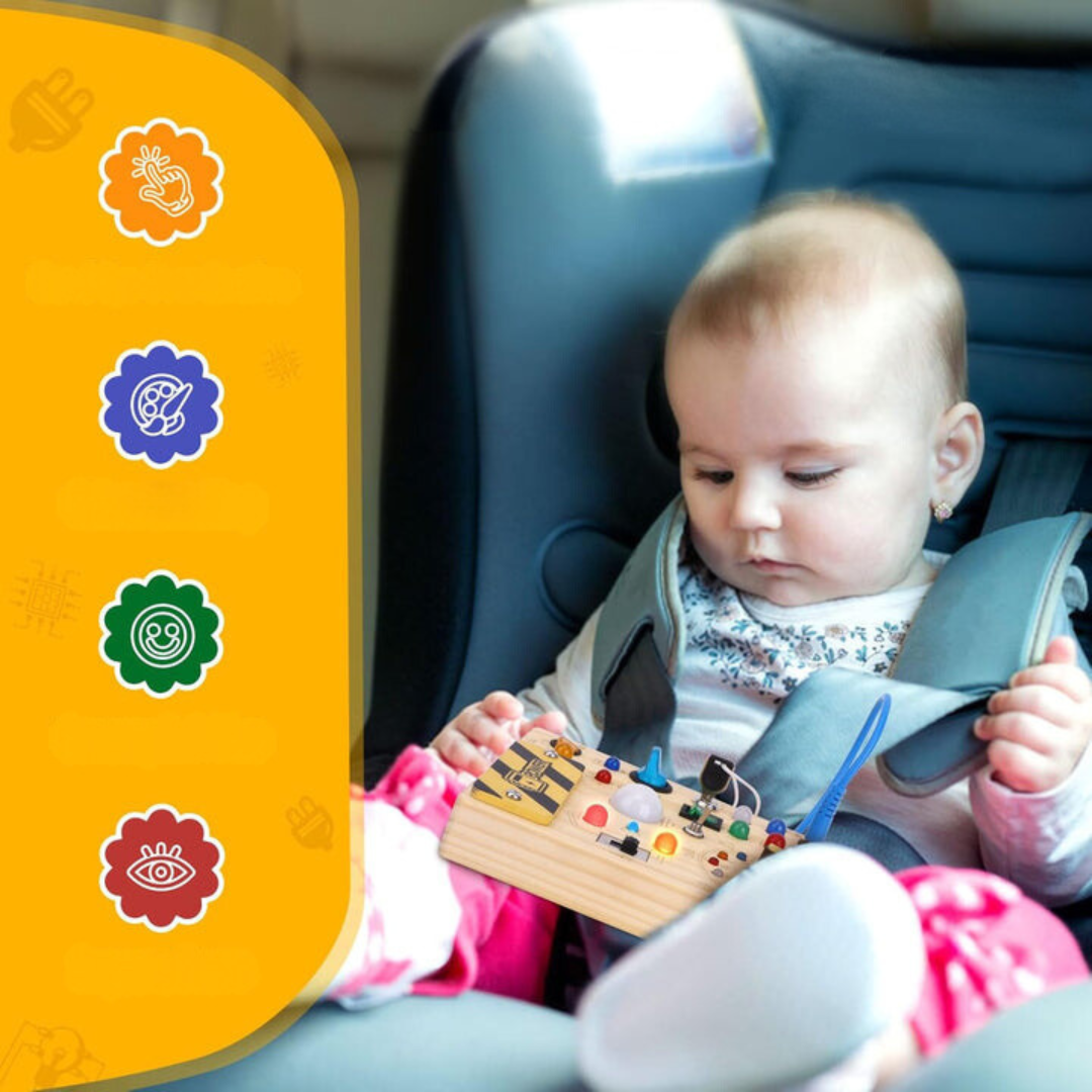 Montessori Houten Activiteitenbord met 8 LED-schakelaars - Zintuiglijke Speelgoed en Reis Speelgoed voor Baby's en Peuters vanaf 1+ Jaar