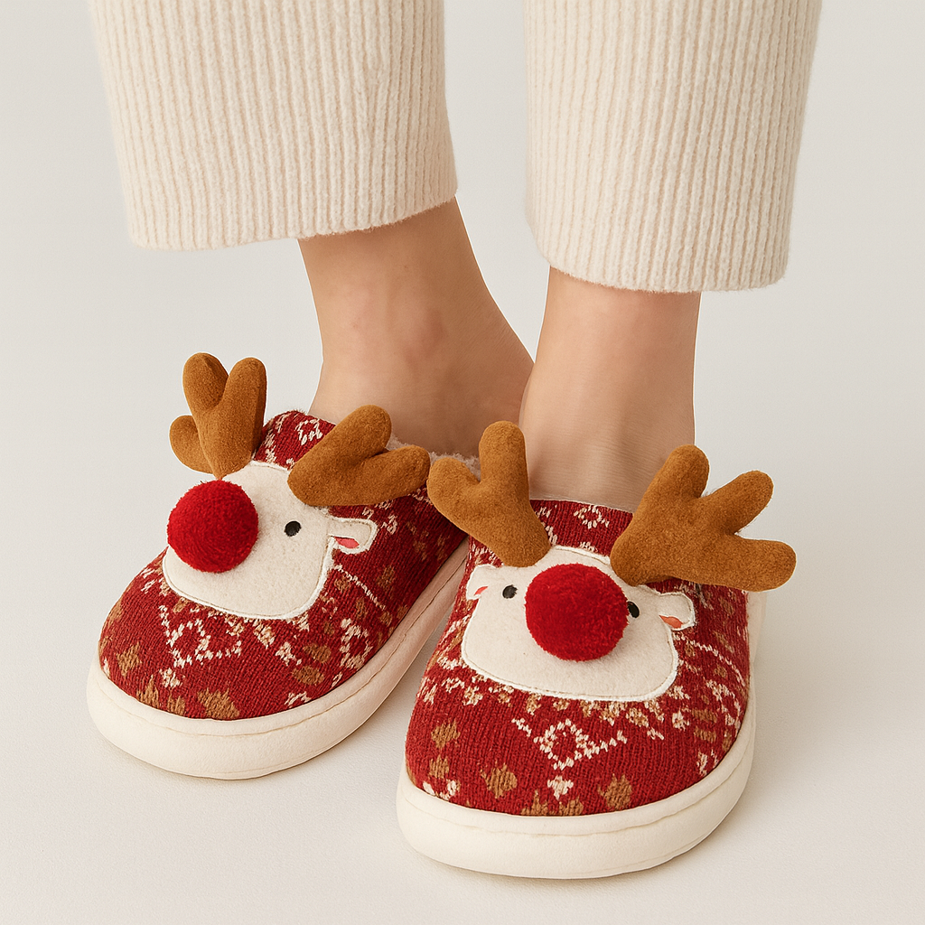 Nordora Winter Slippers – Warme Slippers met Rendiermotief voor Feestelijke Gezelligheid