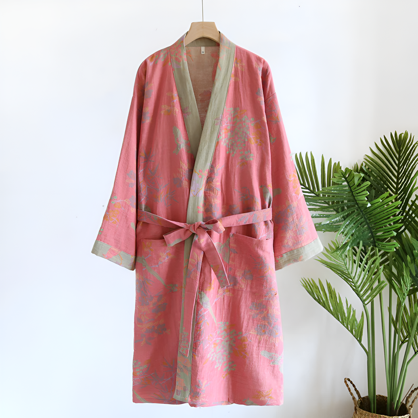 Lichte Retro Katoenen Badjas – Jacquard Ontwerp met Tailleband
