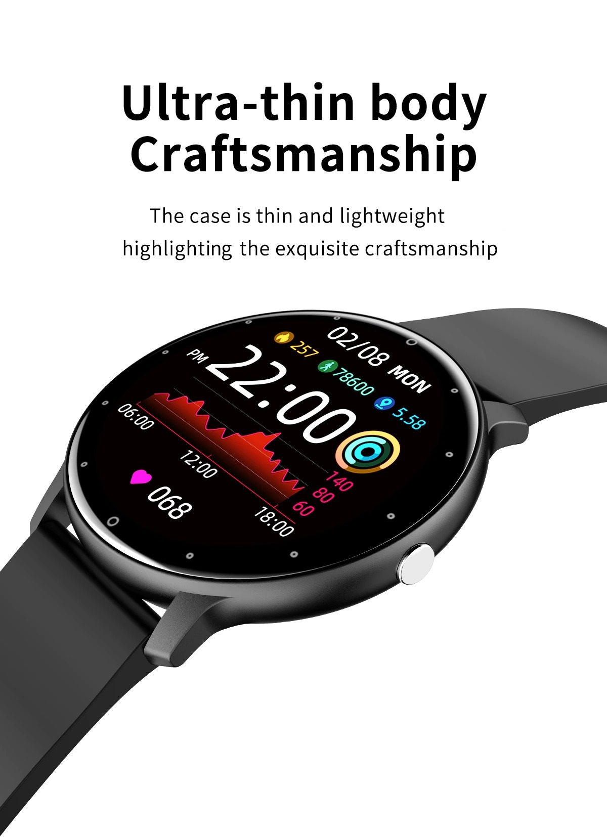 PulseTrack Slim Smartwatch – Waterdicht, Gezondheidsmonitoring & Full-Touchscreen