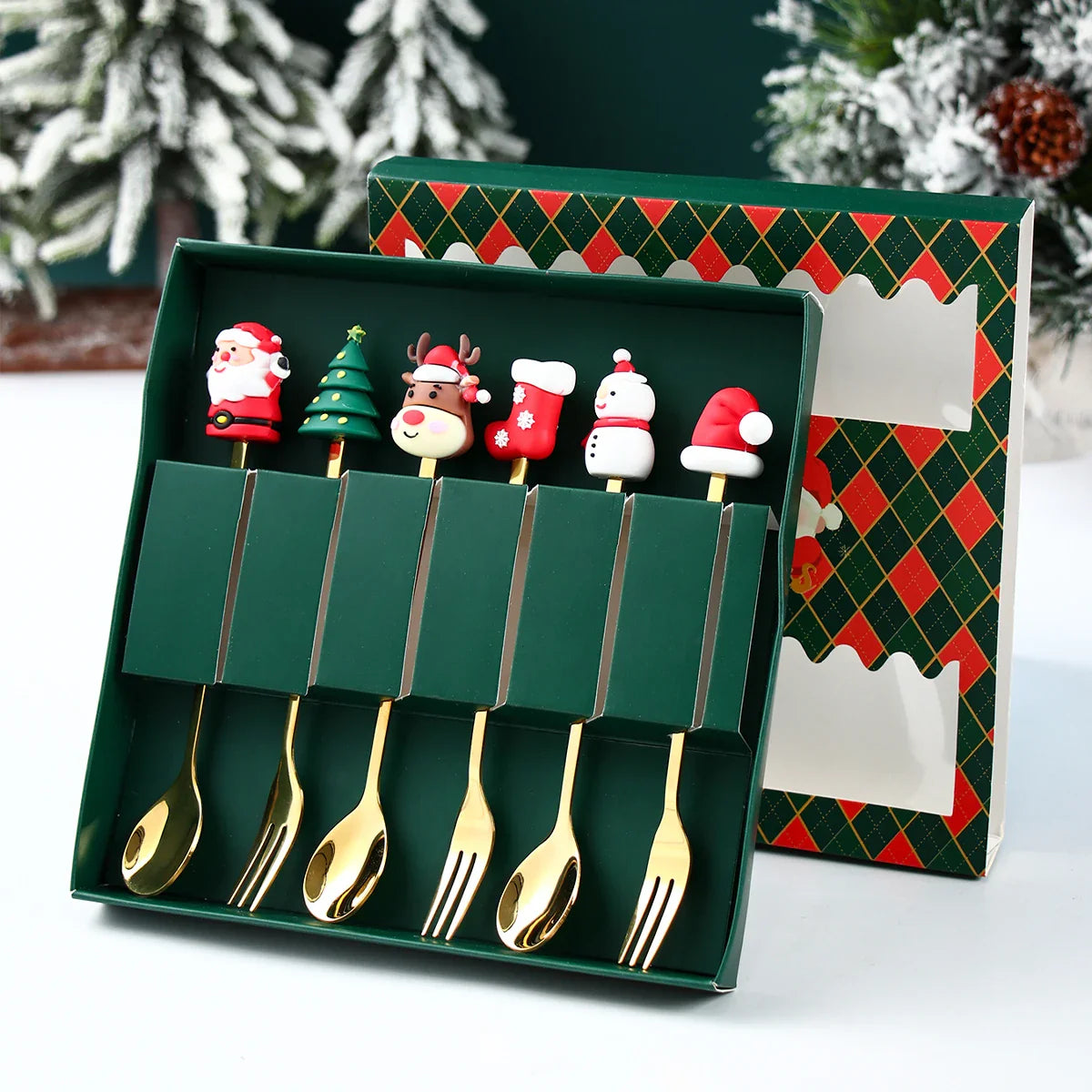 GoudFeest Kerst Bestekset – Luxe Gouden Lepel en Vork met Santa Claus Ontwerp
