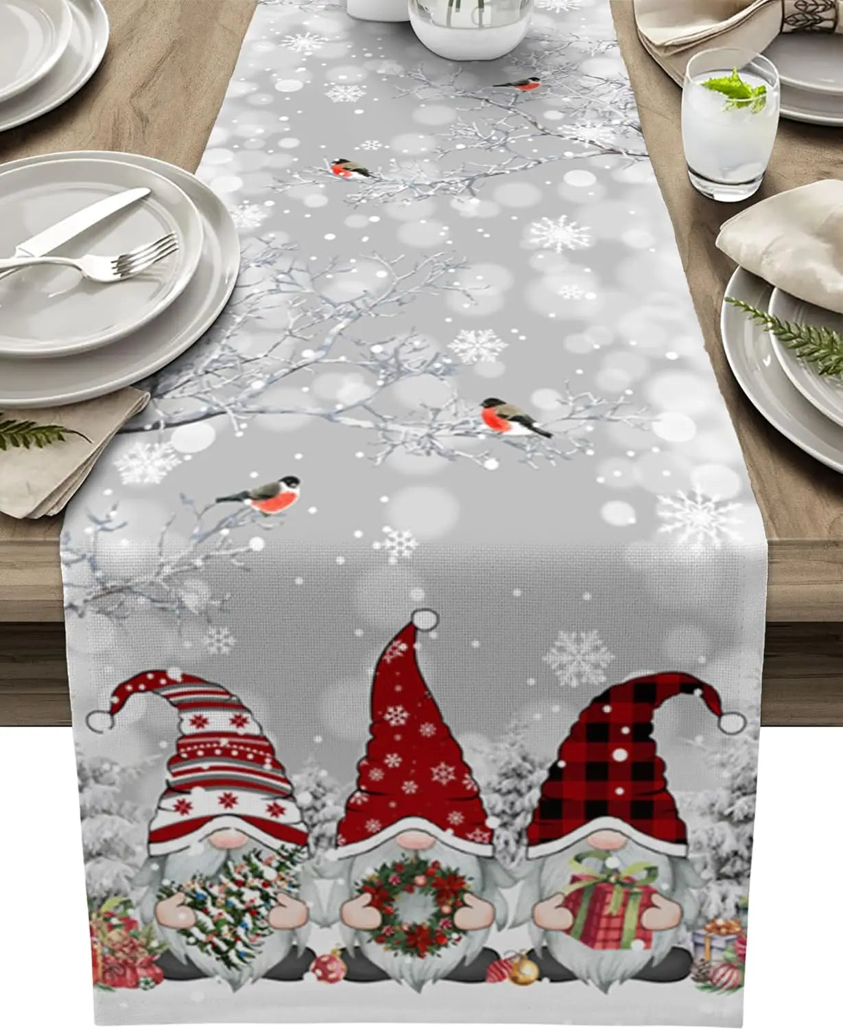 SneeuwKabouter Kerst Tafelloper – Luxe Linnen Tafelloper met Sneeuwvlok en Kabouterdesign