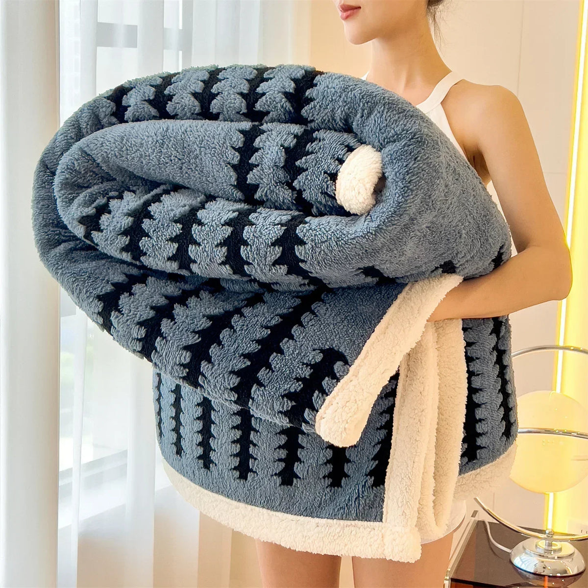 Scandinavische Dubbelzijdige Fleece Warmtedeken met Geometrisch Patroon