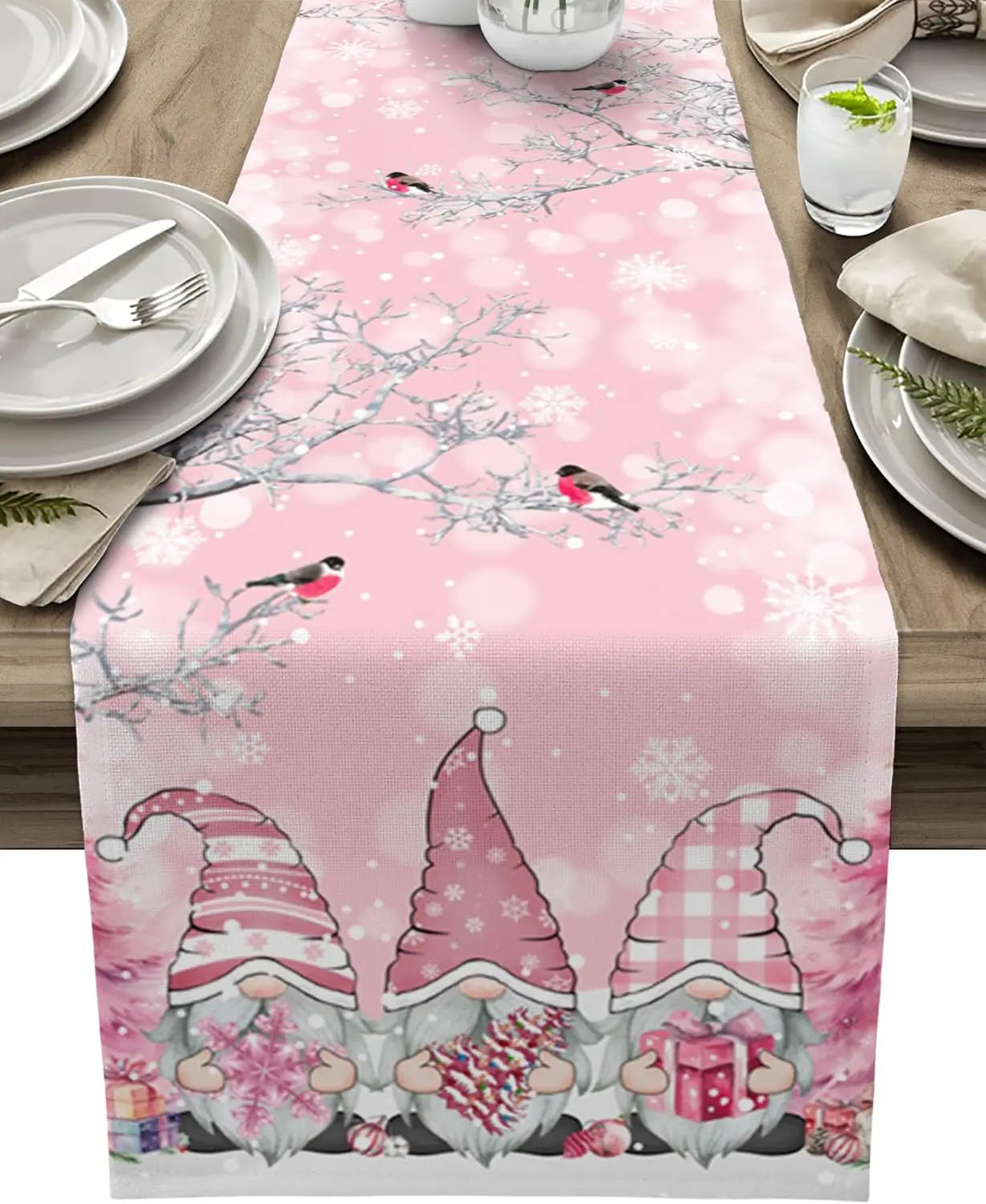 SneeuwKabouter Kerst Tafelloper – Luxe Linnen Tafelloper met Sneeuwvlok en Kabouterdesign