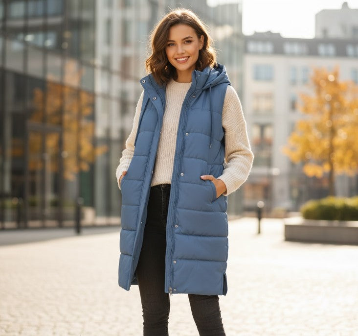 Lange Gewatteerde Damesbodywarmer Merava – Stijlvolle Knielange Wintervest met Rits en Capuchon