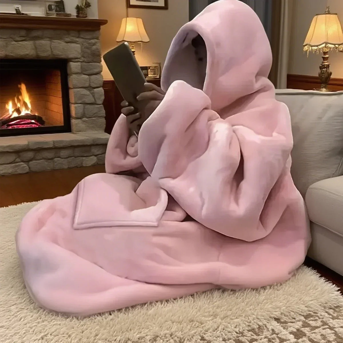 Omkeerbare Fleece Loungewear Hoodie Deken met Kangoeroezak - Oversized Huisplunje