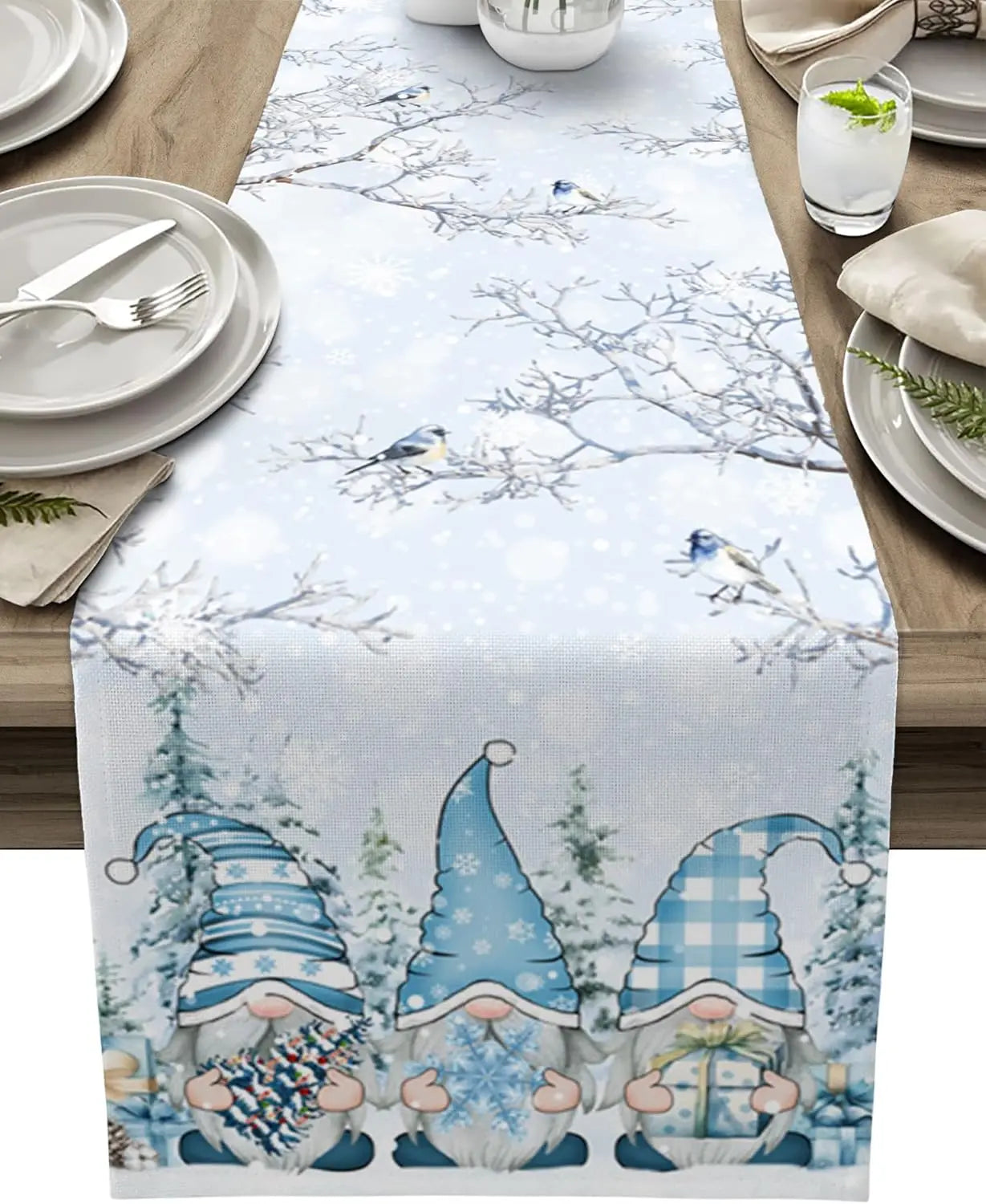 SneeuwKabouter Kerst Tafelloper – Luxe Linnen Tafelloper met Sneeuwvlok en Kabouterdesign