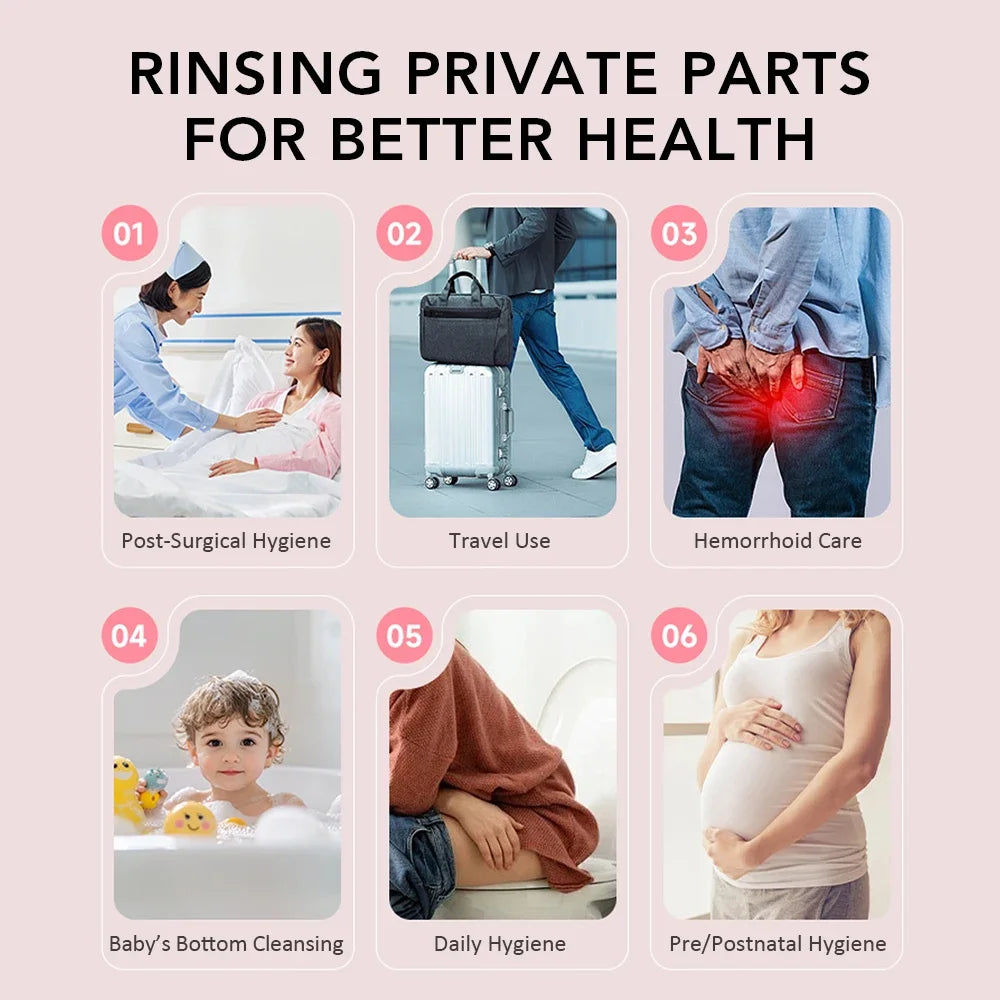 AquaReis Draagbaar Reisbidet – Oplaadbare Hygiënische Reiniging met Twee Waterdrukstanden