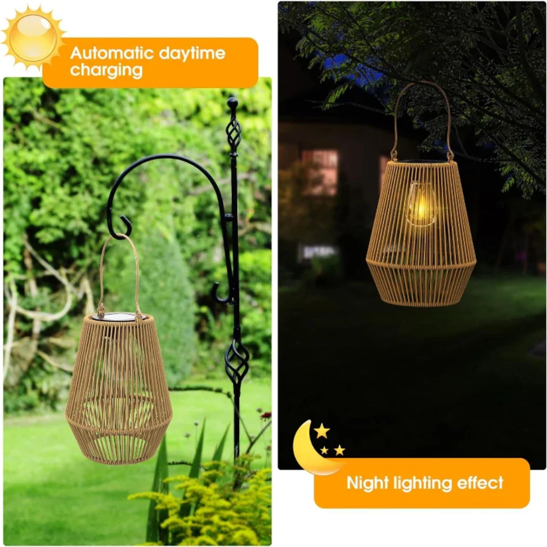 SunWeave Solar Lantaarn – Handgemaakte Rotan Buitenlamp op Zonne-energie