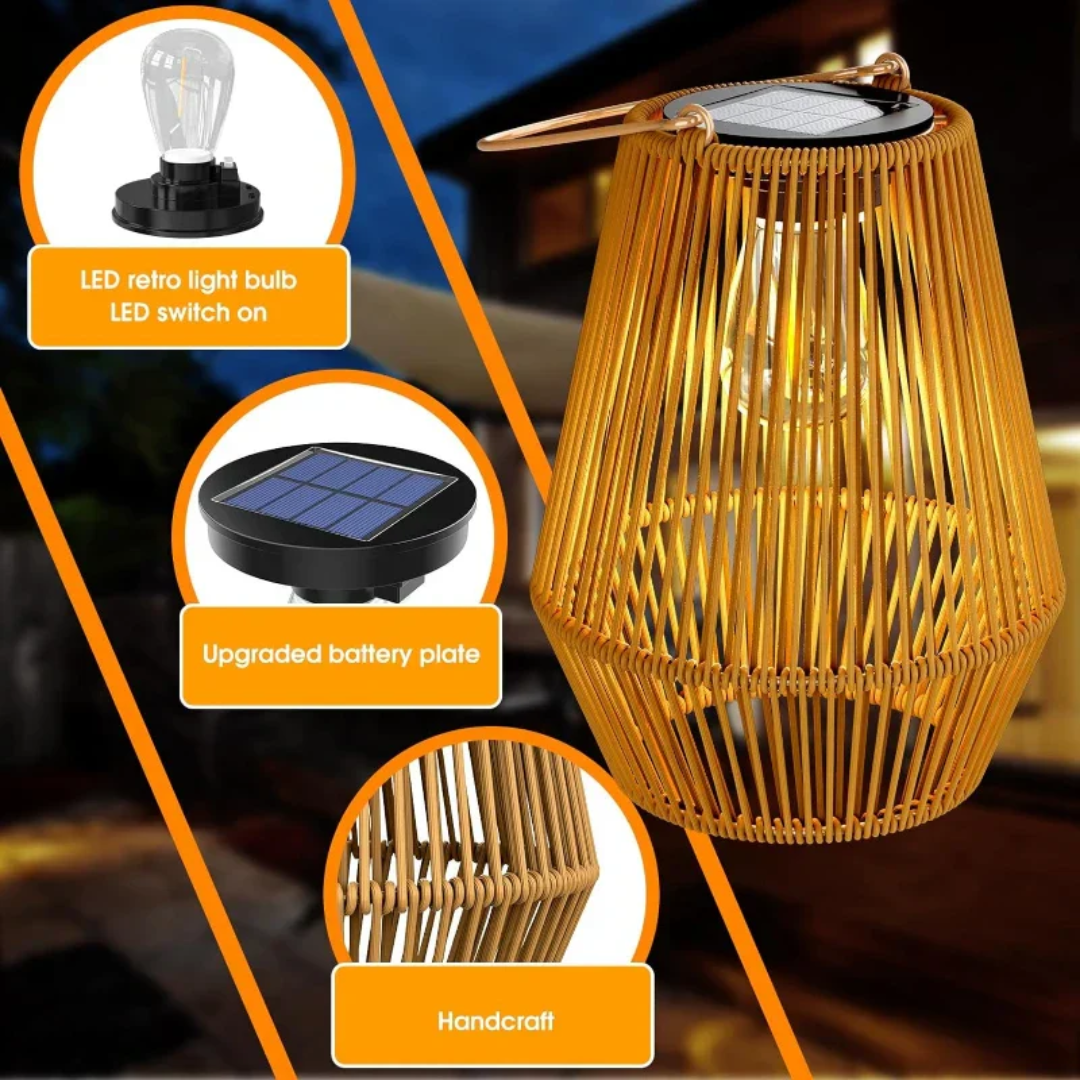 SunWeave Solar Lantaarn – Handgemaakte Rotan Buitenlamp op Zonne-energie