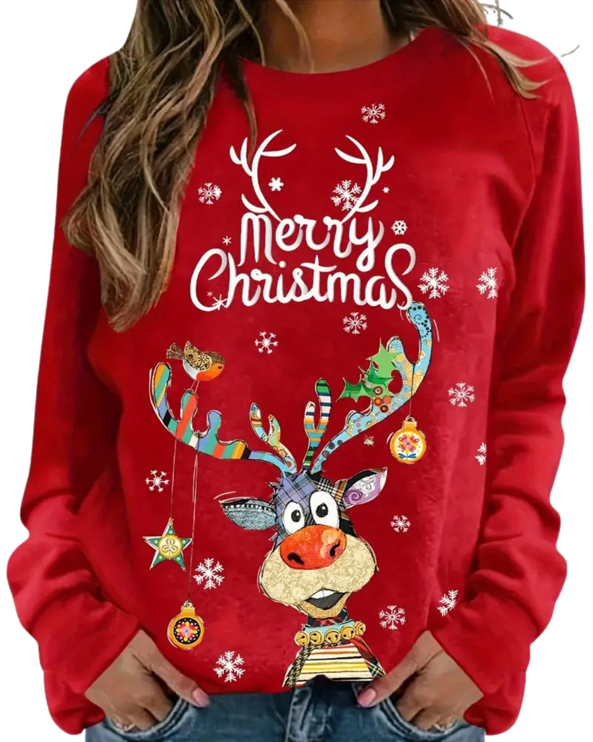 Feestelijke Dames Kersttrui met Rendierprint – Comfortabele Ronde Hals