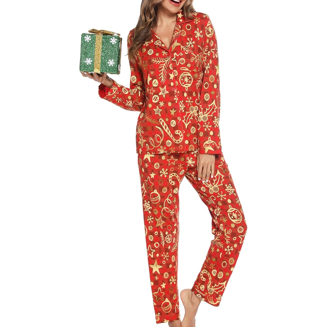 CozyCharm Kerst Pyjama Set – Zachte Dames Lounge Outfit met Knoopsluiting