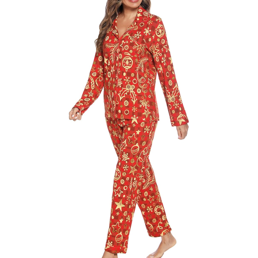 CozyCharm Kerst Pyjama Set – Zachte Dames Lounge Outfit met Knoopsluiting