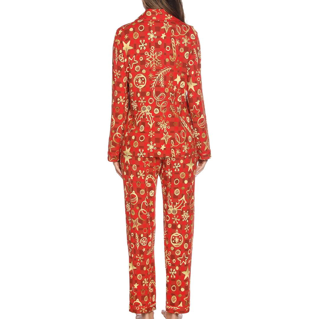 CozyCharm Kerst Pyjama Set – Zachte Dames Lounge Outfit met Knoopsluiting