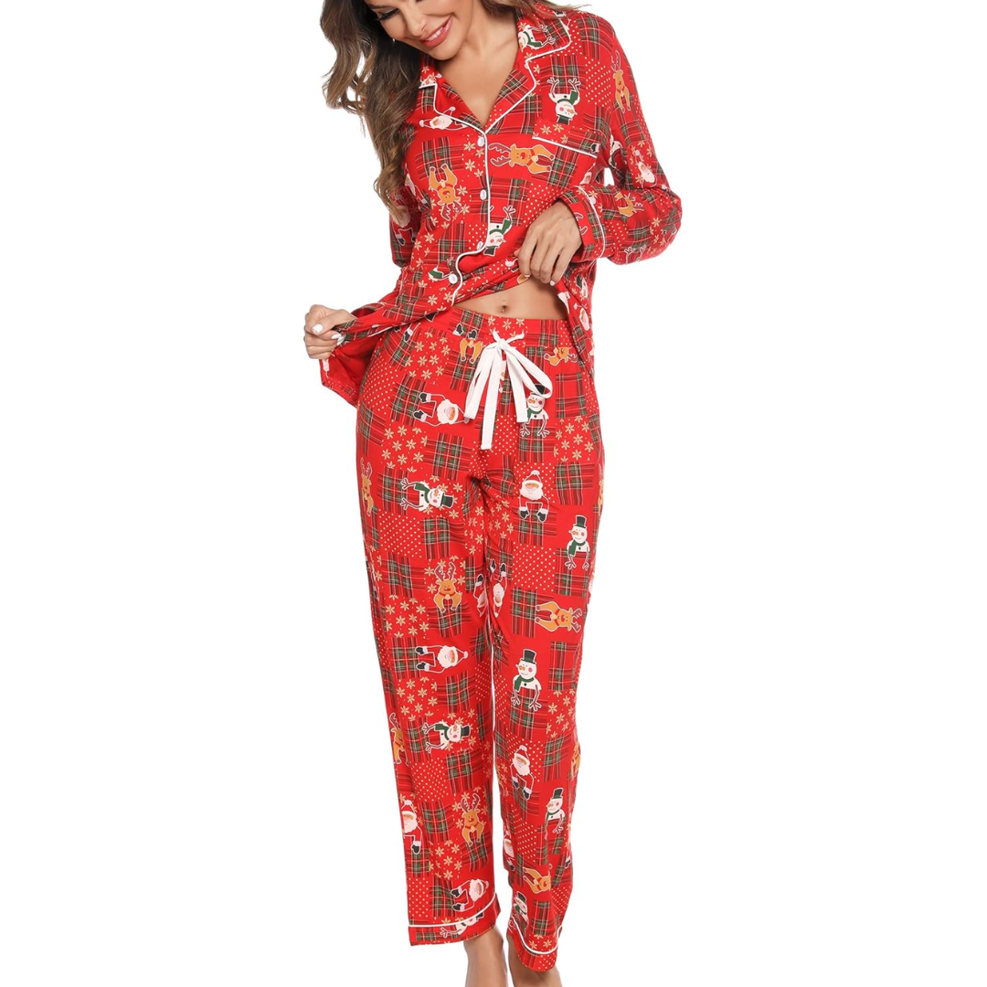 CozyCharm Kerst Pyjama Set – Zachte Dames Lounge Outfit met Knoopsluiting